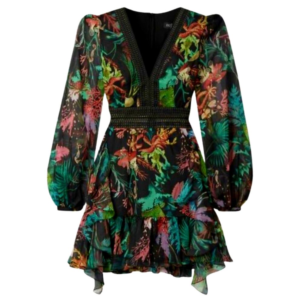 PatBO Coral Tropical Print Chiffon Mini Dress Lattice Trim Long Sleeve Green 4